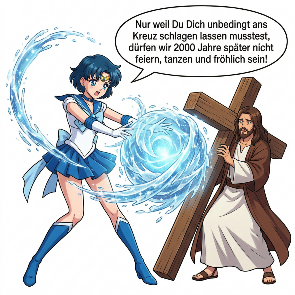 In der Sprechblase steht: Nur weil Du Dich unbedingt ans Kreuz schlagen lassen musstest, dürfen wir 2000 Jahre später nicht feiern, tanzen und fröhlich sein!
Ami als Sailor Merkur spült mit ihrer Mercury-Aqua-Rhapsody-Attacke Jesus hinfort.